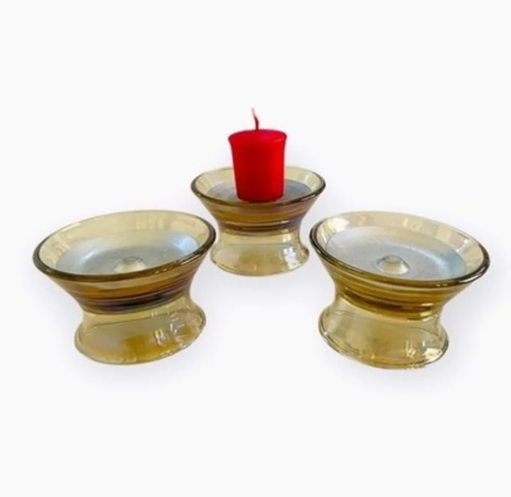 Set of 3 Vintage Glass Pedestal Candle Holders Brown Silver Magnet Base Modern